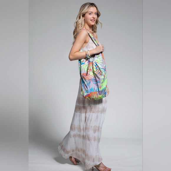 Boho Chic Beach Yoga Hobo Shoulder Bag - Multi Colored Tropical Palm Frond Print - Picture 4 of 8